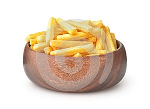 Front view of wheat puffed sticks in wooden bowl photo