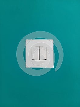 Front view of white antique light switch on green background. Close up of double switch on wall. Electrical system and Lighting
