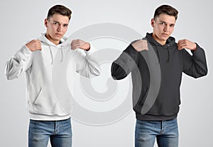 Front view white and black hoodie template design for presentation in store