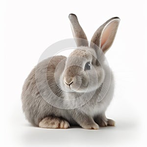 Front view of white cute rabbit standing on white background. Lovely action of rabbit