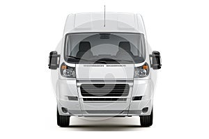 Front view of a white delivery van isolated on a white background, showcasing its windshield, headlights, bumper, and