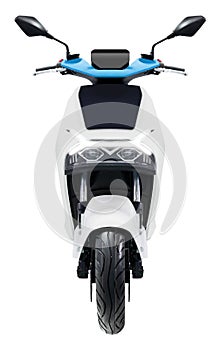 Front view white electric motorcycle isolated on white background with clipping path