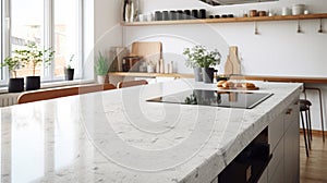 Front view of white granite kitchen countertop island for montage product display on modern Scandinavian kitchen space