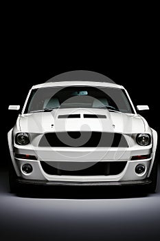 Front View of White Mustang in Dark Room