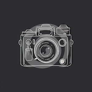 Front view on white old-fashioned retro camera, black background. Vintage photo camera outline drawing