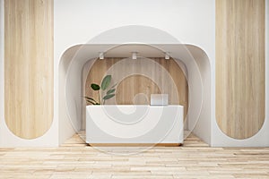 Front view on white reception table in eco interior design waiting area in modern office with wooden walls and floor. 3D rendering