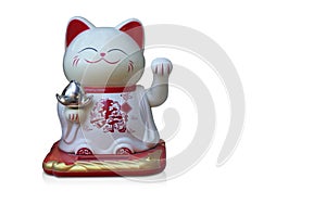 Front view white and red lucky cat standing and holding on white background, object, religion, animal, decor, gift, copy space