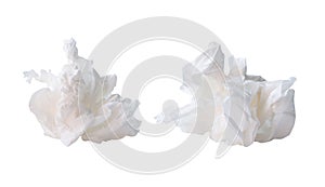 Front view of white screwed or crumpled tissue paper or napkin in set in strange shape after use in toilet or restroom isolated on