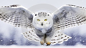 Front view of a white snowy owl flying through a snow flurry, made with generative ai