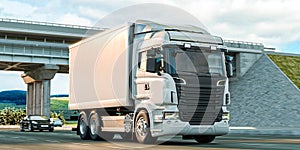 Front View Of White Truck With Empty Space On Refrigerator Driving Along the Route. 3d rendering