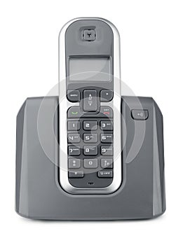 Front view of wireless dect phone on charging station