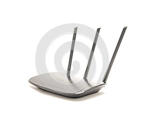 Front view of wireless router cable modem isolated on white back