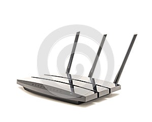 Front view of wireless router cable modem isolated on white back