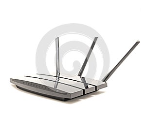 Front view of wireless router cable modem isolated on white back