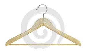 Front view of Wooden clothes hanger isolated on white background