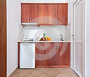 Front view of wooden kitchen cupboard module cabinet with small fridge and fruits plate. Classic style interior white studio room