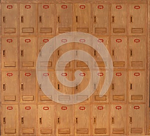 Front view of wooden lockers cabinet at fitness center, gym, or sport club. Decoration for wallpaper. Interior architecture design