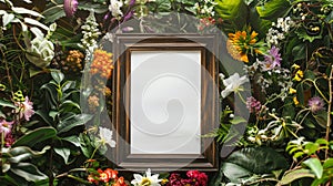 Front view, wooden photo frame with blank white poster, surround by various flowers