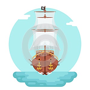 Front View Wooden pirate buccaneer filibuster corsair sea dog ship game icon isolated flat design vector illustration