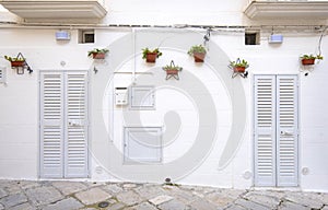 Front view of a wooden white door on white wall