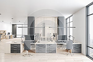 Front view on workplace in modern openspace office with eco style wooden furniture and floor, white ceiling and city view. 3D