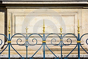 Front view of a wrought iron fence topped with golden spikes and fleur-de-lis