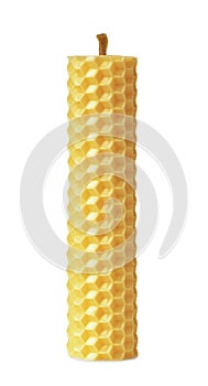 Front view of yellow beeswax honeycomb candle