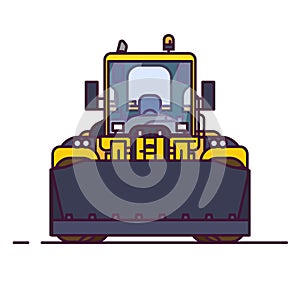 Front view of yellow bulldozer or wheel loader. Line style vector illustration. Construction vehicle and quarry machinery banner.