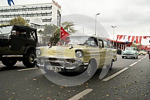 Front view of a yellow 1955 Chevrolet 210 on October 29 republic day of Turkey, Classic car parade moment