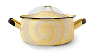 Front view of yellow enamel cooking pot