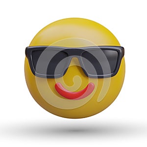 Front view on yellow smiling emoji with black sunglasses