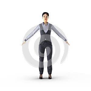 Front view Young asian business woman, isolated on white. 3D illustration