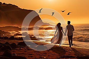 Front view of a young couple walking along the seashore against the background of the sunset sea. Generated by AI