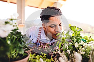 A front view of young man gardener outdoors at home, planting flowers.