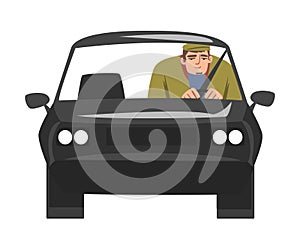 Front View of Young Man Riding Black Car, Male Driver Driving Vehicle Cartoon Vector Illustration