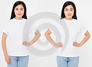 Front views of young asian, korean woman in stylish t-shirt on white background. Mock up for design. Copy space. Template. Bl