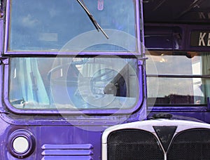 The front of violet three-decker Knight Bus Warner Bros. Studios, London, UK , Making of Harry Potter Studio Tour photo