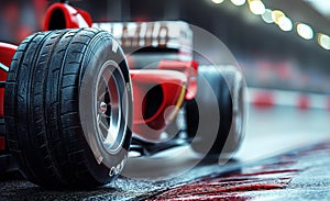 front wheel of red Formula one racing car at start of race