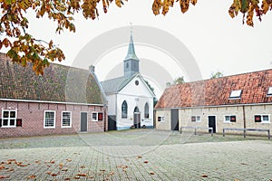 The front of the white church in Bourtange, a Dutch fortified v