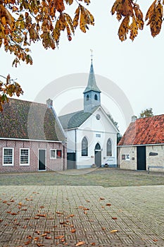 The front of the white church in Bourtange, a Dutch fortified v