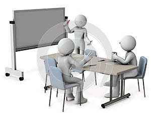 In front of a whiteboard, businessmen conduct a meeting. Conference participants gathering around a meeting table.