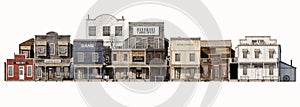 Front wide view of an old rustic antique western town with various business on an Isolated white background.