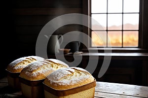 In front of a window, a table is graced by the presence of three freshly baked loaves of bread.