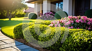 Front yard, landscape design with multicolored shrubs intersecting with bright green lawns behind the house is a modern, garden