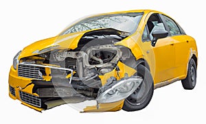 Front of yellow car has damaged caused by accident, isolated on