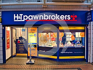 The frontage of a branch of H and T Pawnbrokers. Established in 1897, the company has more than 270 shops in the UK