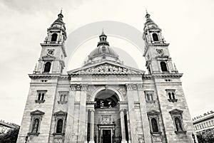 Frontage of Saint Stephen`s basilica, Budapest, Hungary, black a