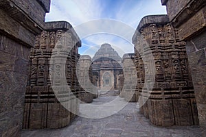 Frontage View at the Decorative stone relief Columns in 13th CE Konark Sun Temple