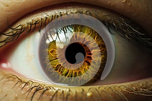 Frontal closeup photograph of an eye, with a green amber pupil on it