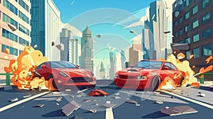 A frontal collision of two automobiles on a city road near a high-rise building. Cartoon modern illustration of burned